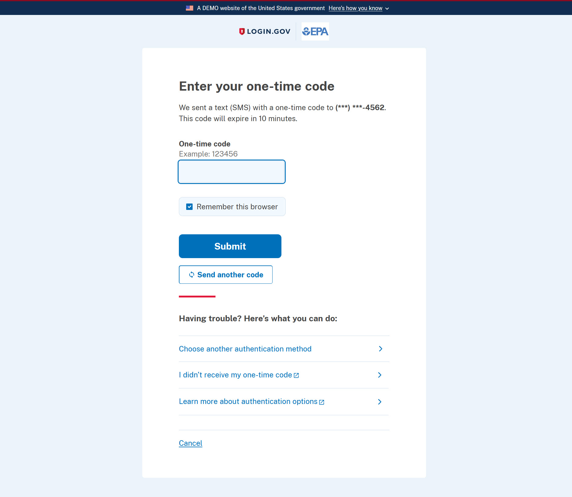 Enter your one-time code page
